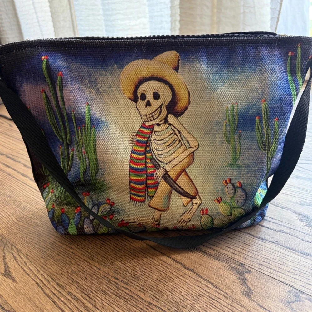 Day of the Dead Skeleton Tapestry Shoulder Bag Sombrero Cactus Woven Tote